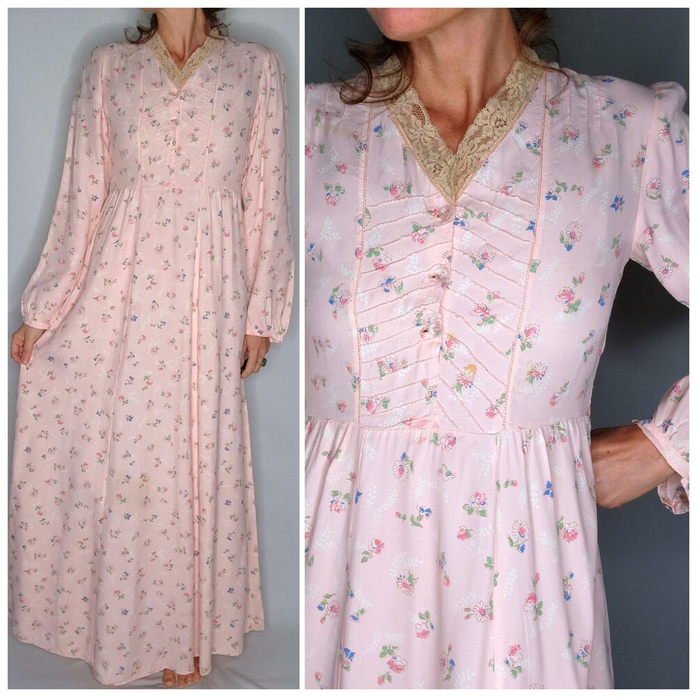 70s Maxi Floral Dress Prairie Peasant Lace Trim - Gunne Sax Victorian Style XXS